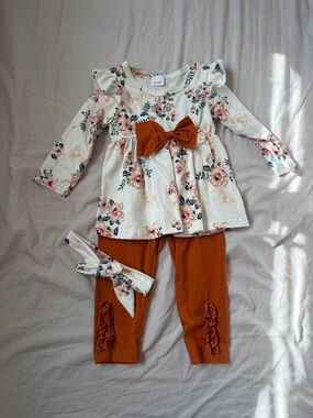Amazon Girls Floral Cream Top & Rust Bow Legging Set